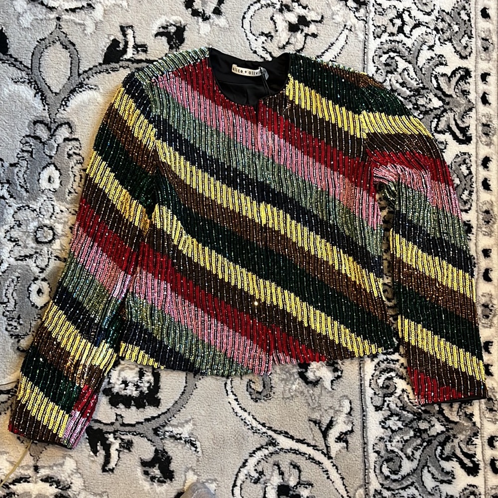SOLD NWT Alice + Olivia Sequin & Beaded Jacket with Multi Colored Block Small - Picture 6 of 15
